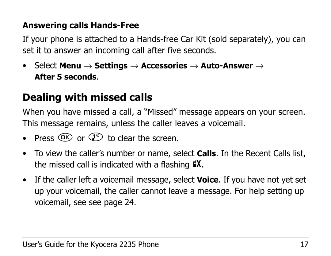 Kyocera 2235 manual Dealing with missed calls 