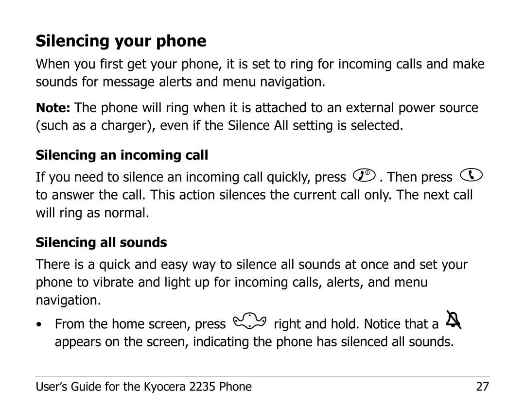 Kyocera 2235 manual Silencing your phone 