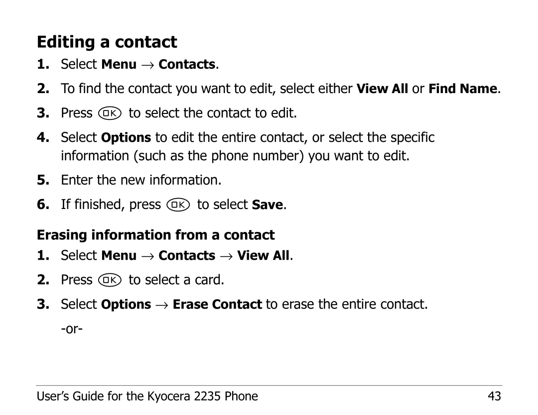 Kyocera 2235 manual Editing a contact 