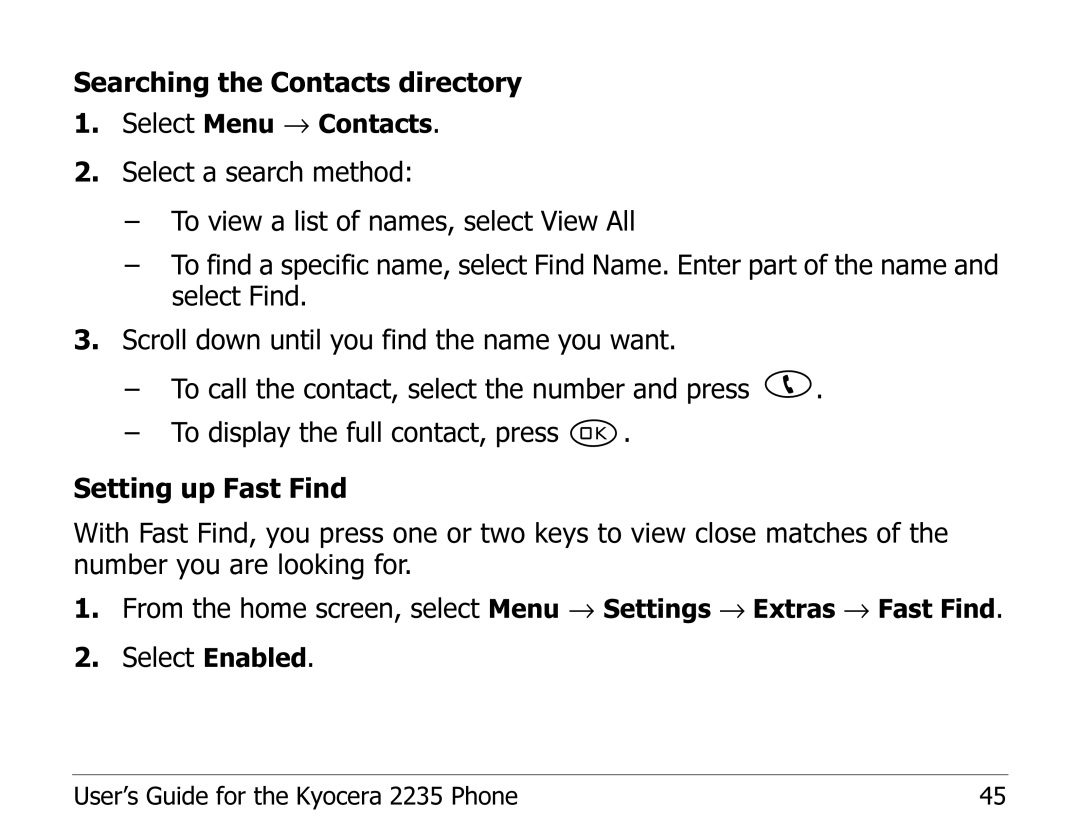 Kyocera 2235 manual Searching the Contacts directory 