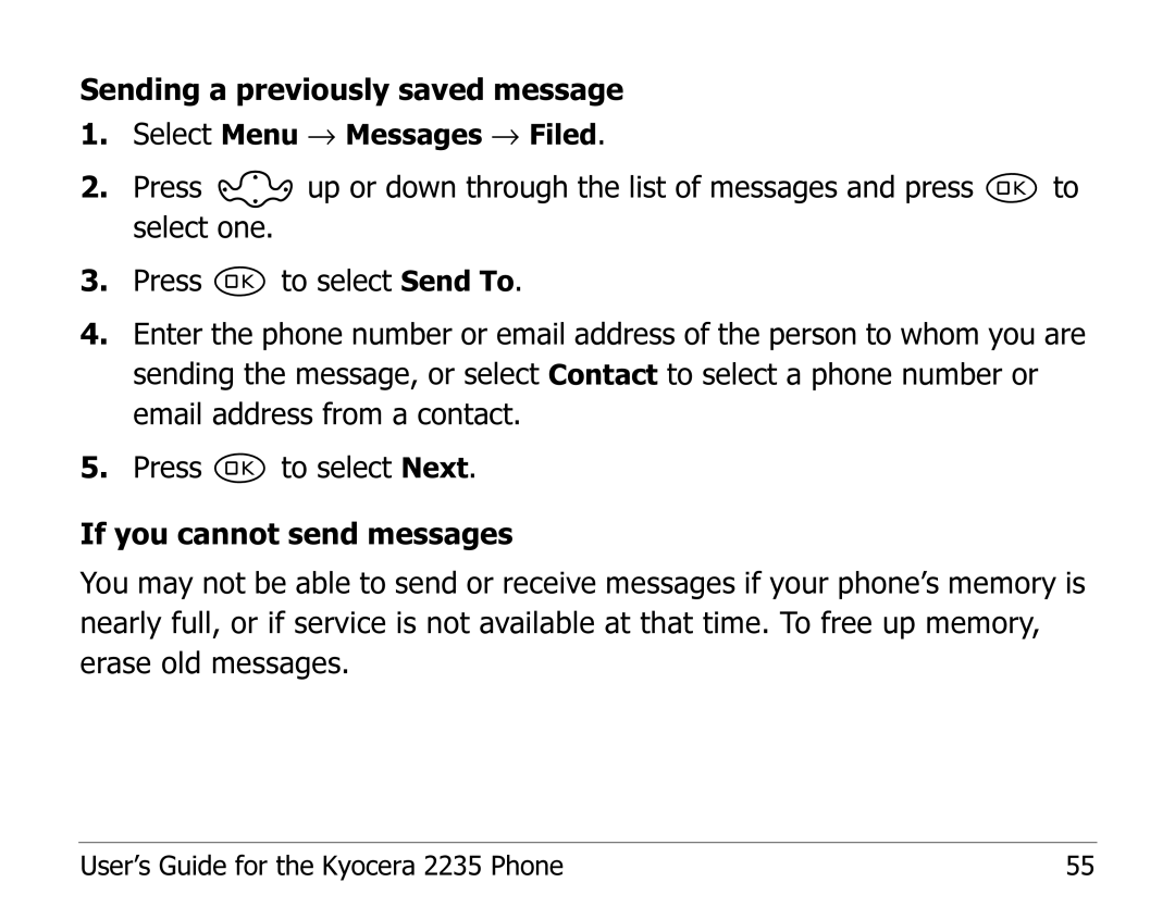 Kyocera 2235 manual Sending a previously saved message 