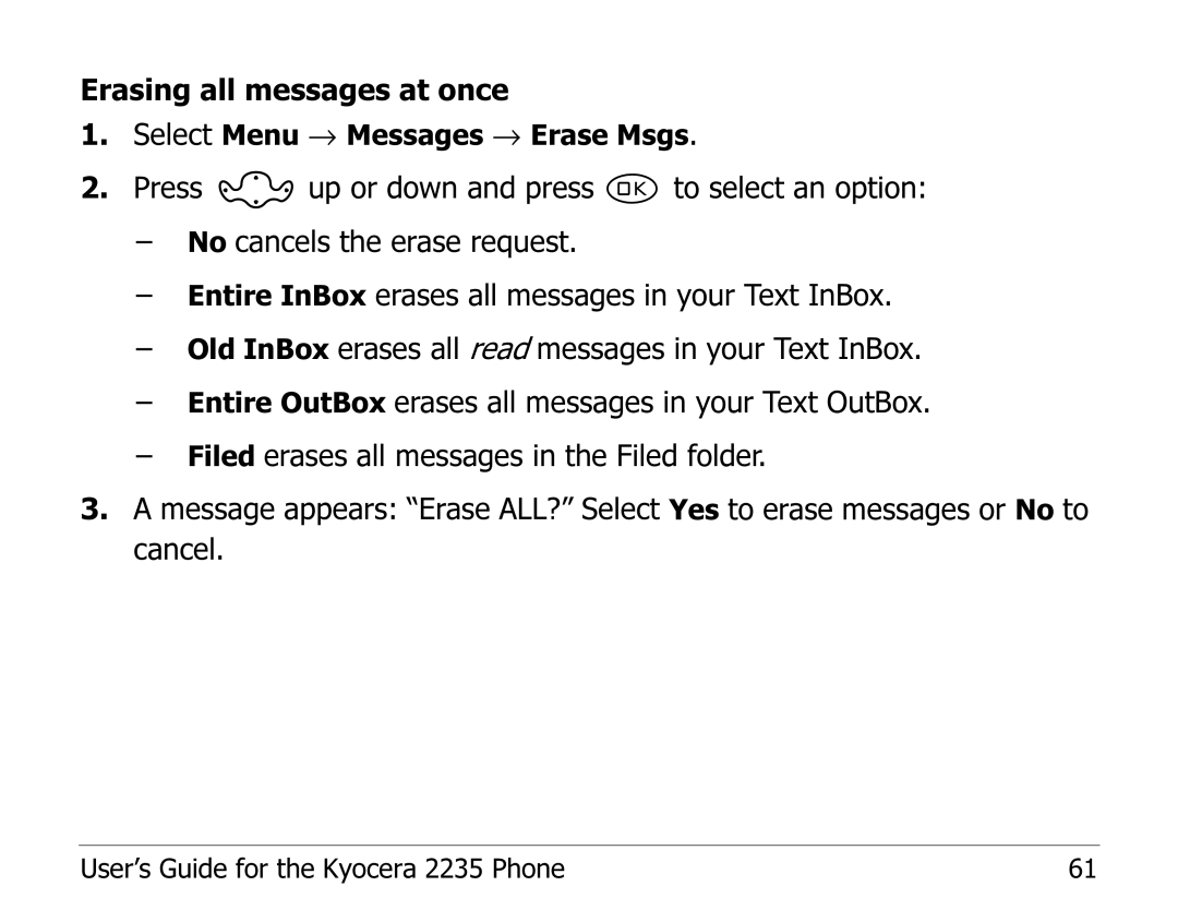 Kyocera 2235 manual Erasing all messages at once 