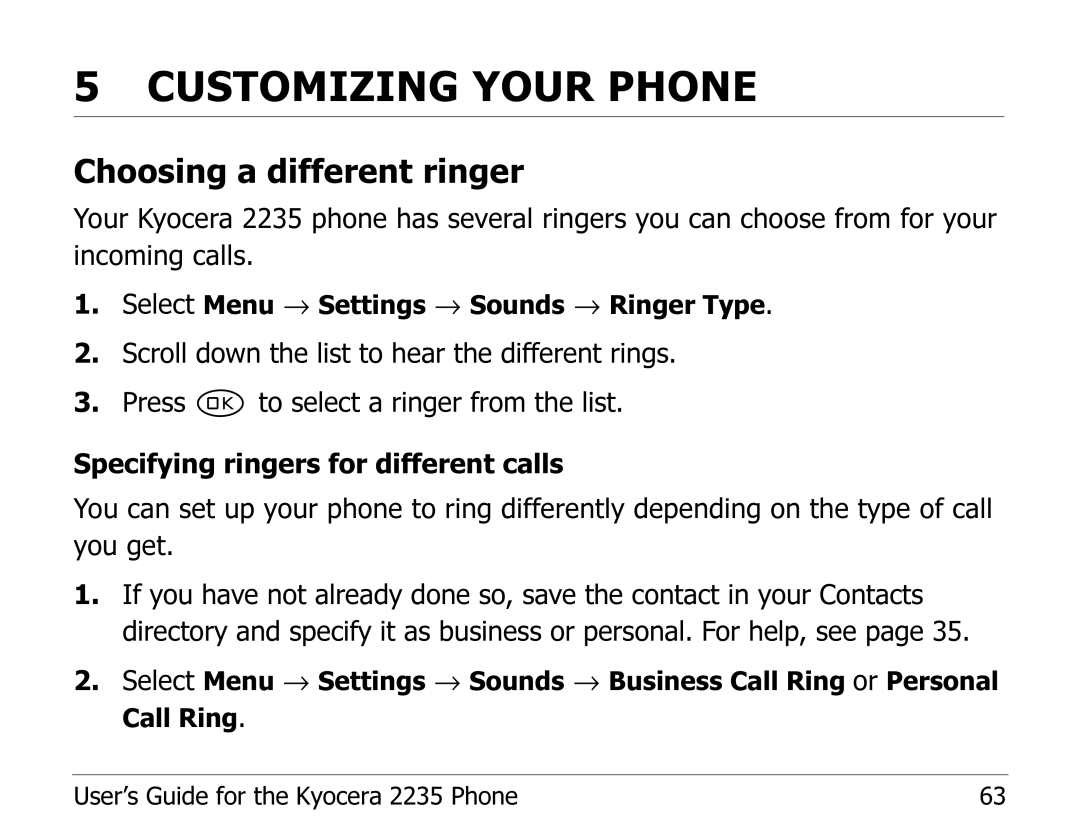 Kyocera 2235 manual Customizing Your Phone, Choosing a different ringer 