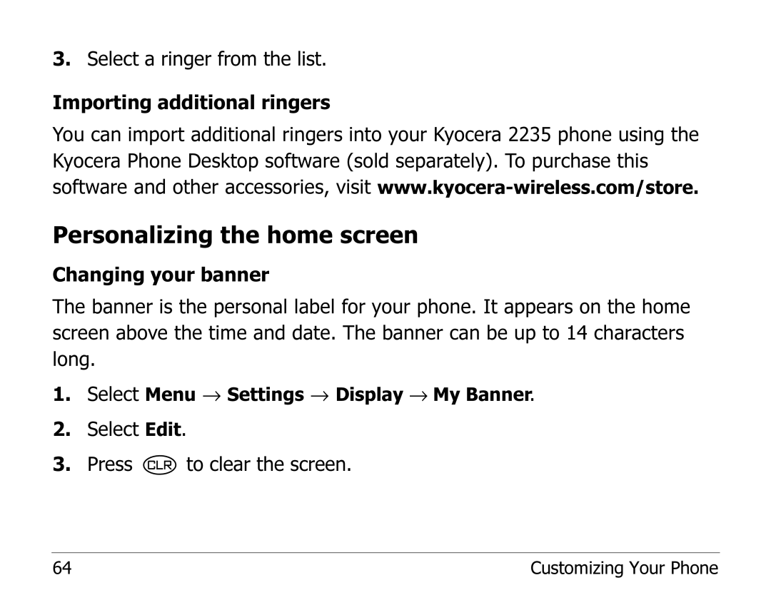 Kyocera 2235 manual Personalizing the home screen 