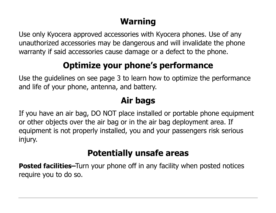 Kyocera 2235 manual Optimize your phone’s performance, Air bags, Potentially unsafe areas 