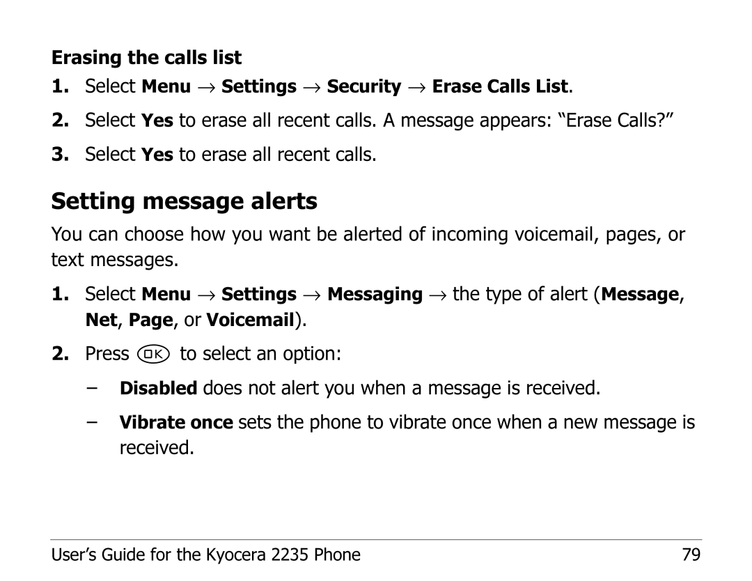 Kyocera 2235 manual Setting message alerts 