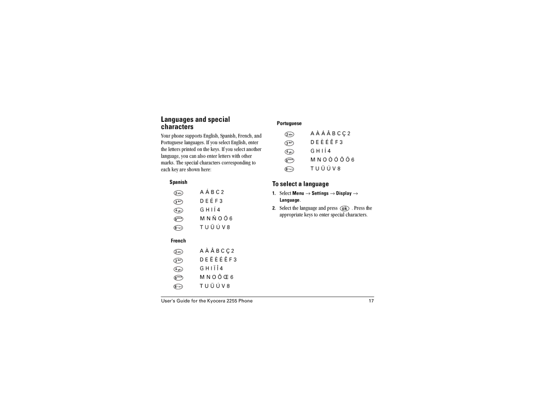 Kyocera 2255 manual ~åÖì~ÖÉë=~åÇ=ëéÉÅá~ä= ÅÜ~ê~ÅíÉêë, Qç=ëÉäÉÅí=~=ä~åÖì~ÖÉ, ~ééêçéêá~íÉ=âÉóë=íç=ÉåíÉê=ëéÉÅá~ä=ÅÜ~ê~ÅíÉêëK 