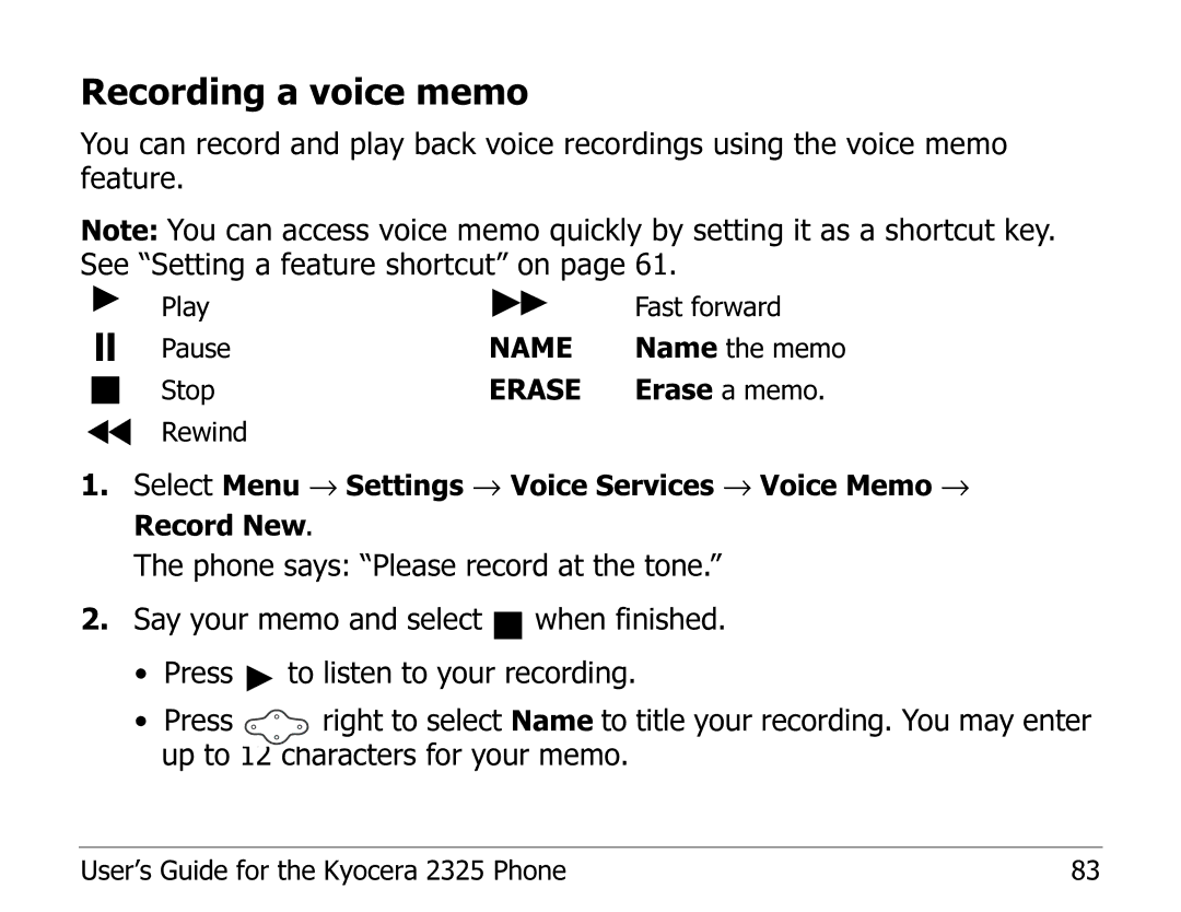 Kyocera 2325 manual Recording a voice memo 