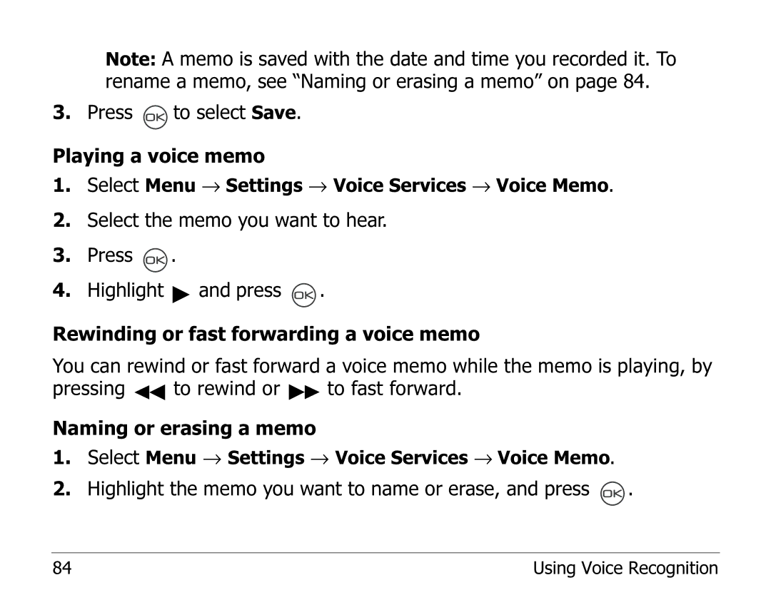 Kyocera 2325 manual Press to select Save Playing a voice memo 