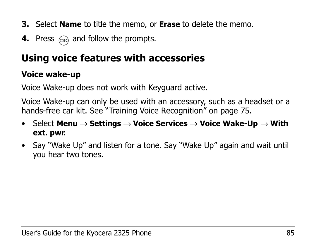 Kyocera 2325 manual Using voice features with accessories 