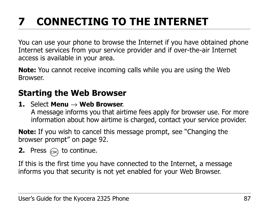 Kyocera 2325 manual Connecting to the Internet, Starting the Web Browser 