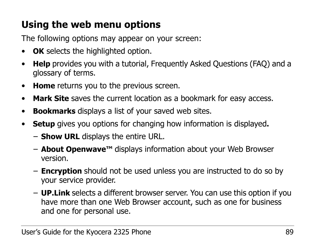 Kyocera 2325 manual Using the web menu options 