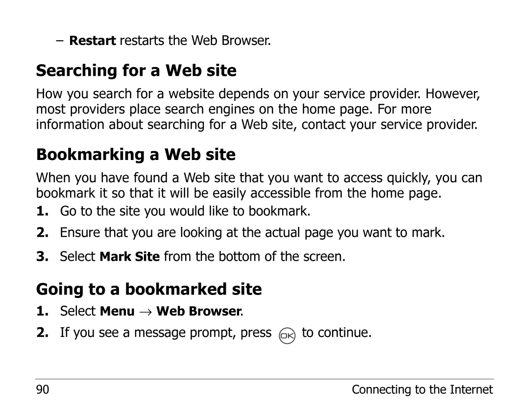 Kyocera 2325 manual Searching for a Web site, Bookmarking a Web site, Going to a bookmarked site 