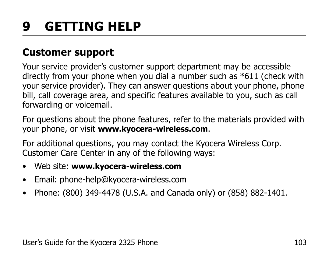 Kyocera 2325 manual Getting Help, Customer support 