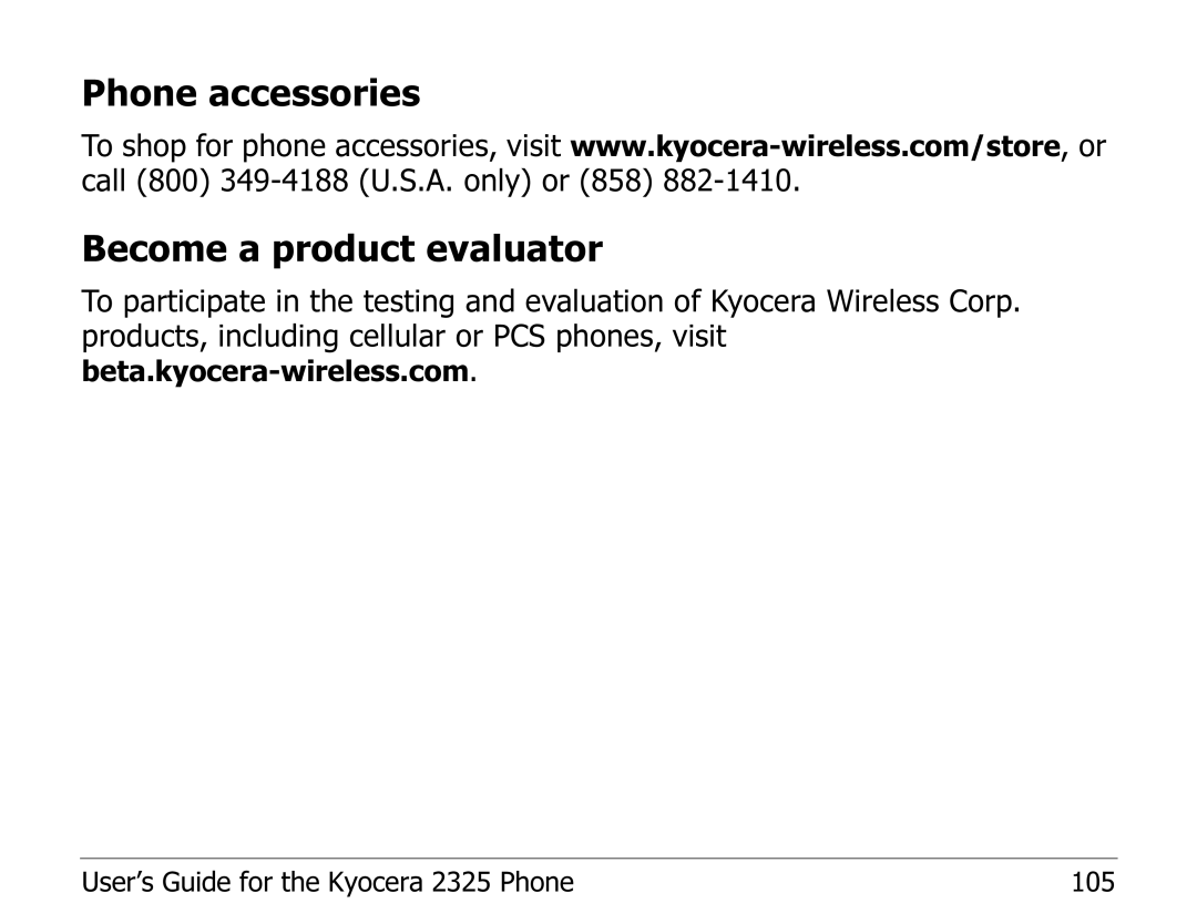 Kyocera 2325 manual Phone accessories Become a product evaluator 