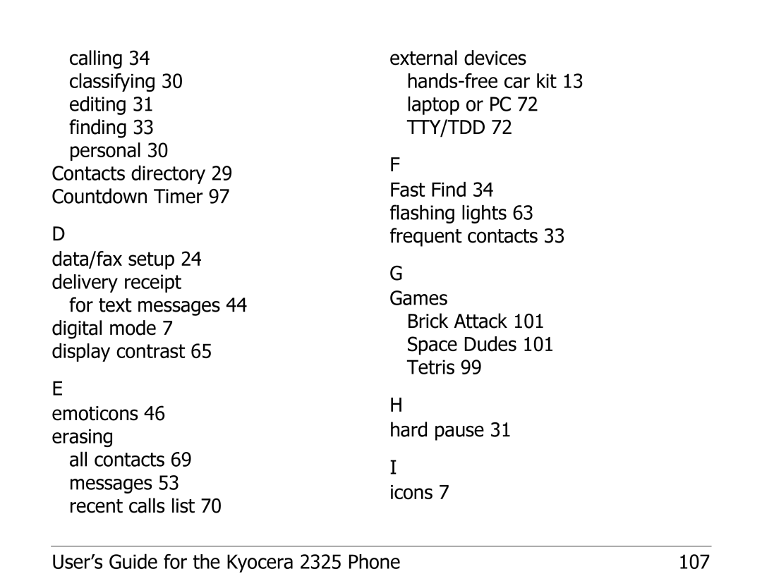 Kyocera 2325 manual Calling 34 classifying 30 editing 31 finding 33 personal 