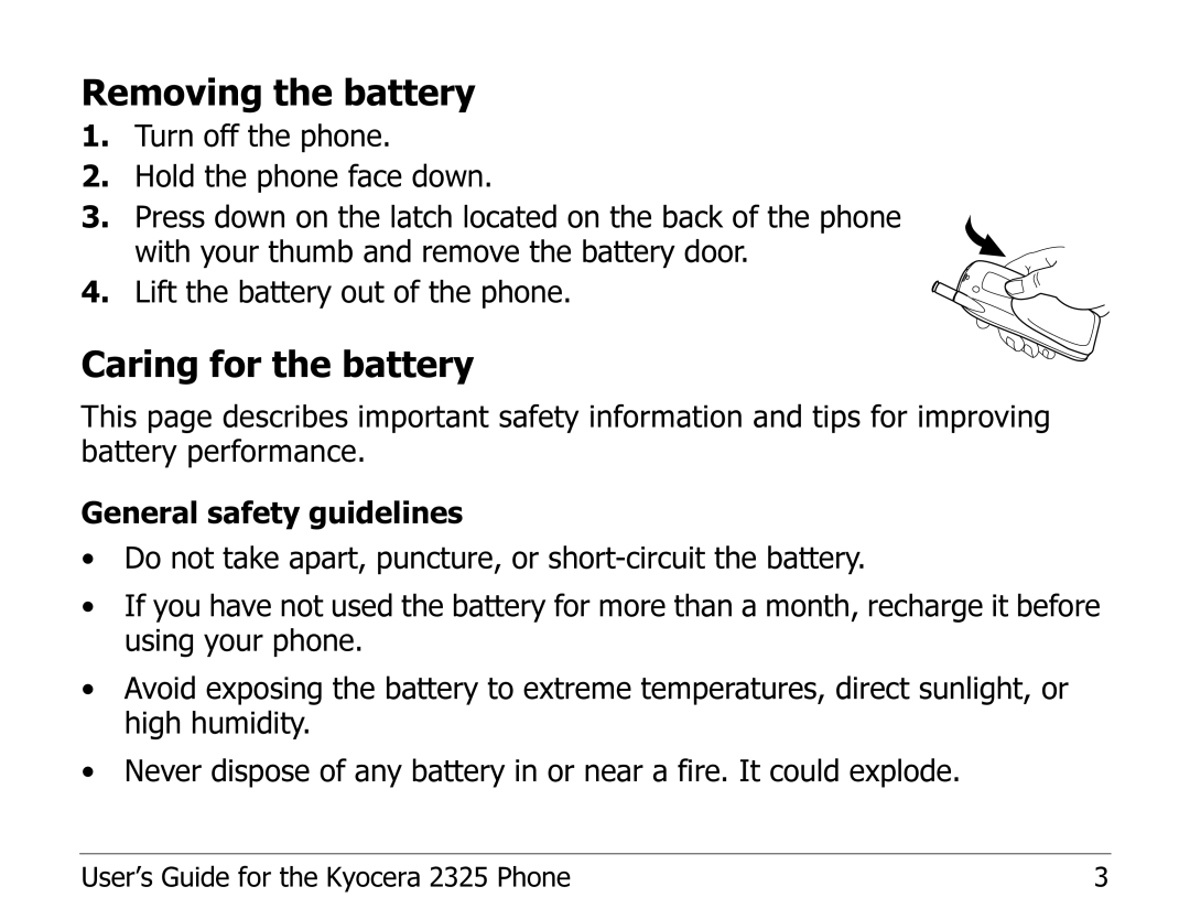 Kyocera 2325 manual Removing the battery, Caring for the battery 