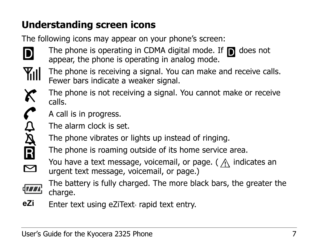 Kyocera 2325 manual Understanding screen icons 