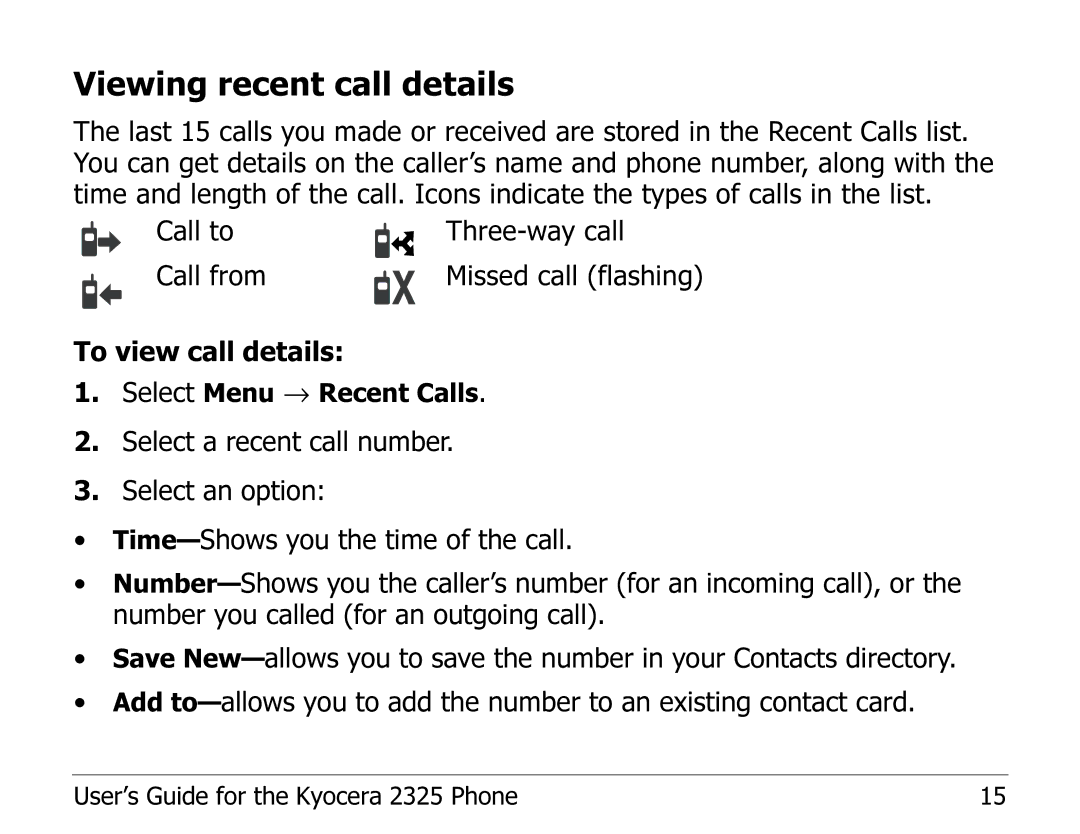 Kyocera 2325 manual Viewing recent call details 