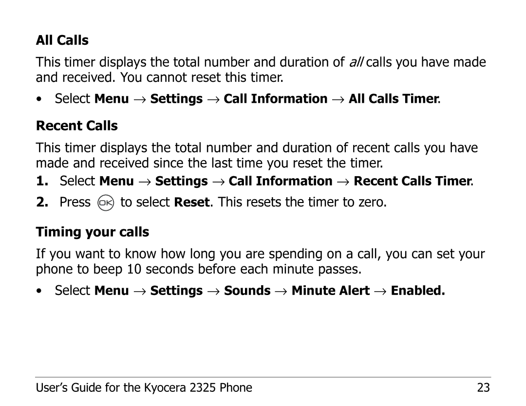 Kyocera 2325 manual Select Menu → Settings → Call Information → All Calls Timer 