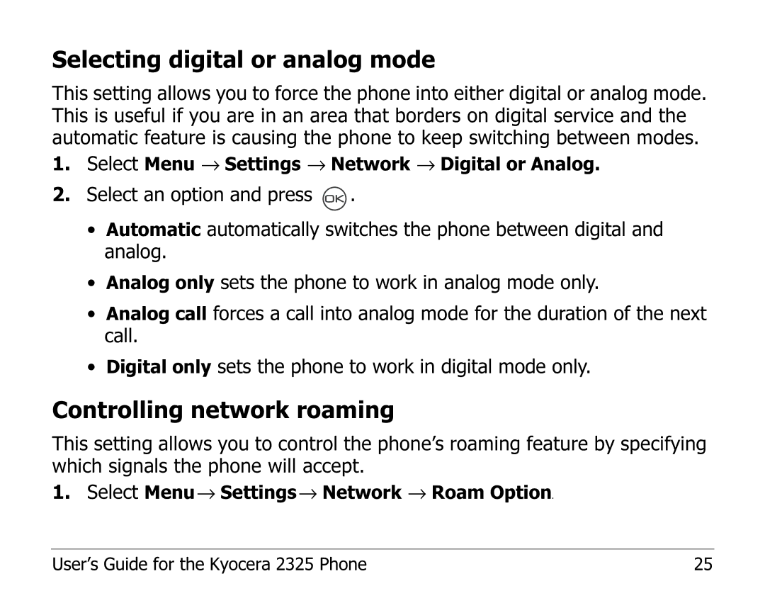 Kyocera 2325 manual Selecting digital or analog mode, Controlling network roaming 