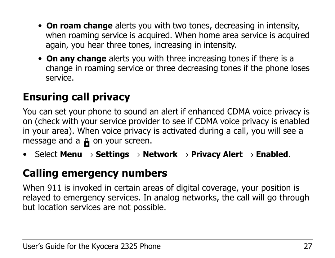 Kyocera 2325 manual Ensuring call privacy, Calling emergency numbers 