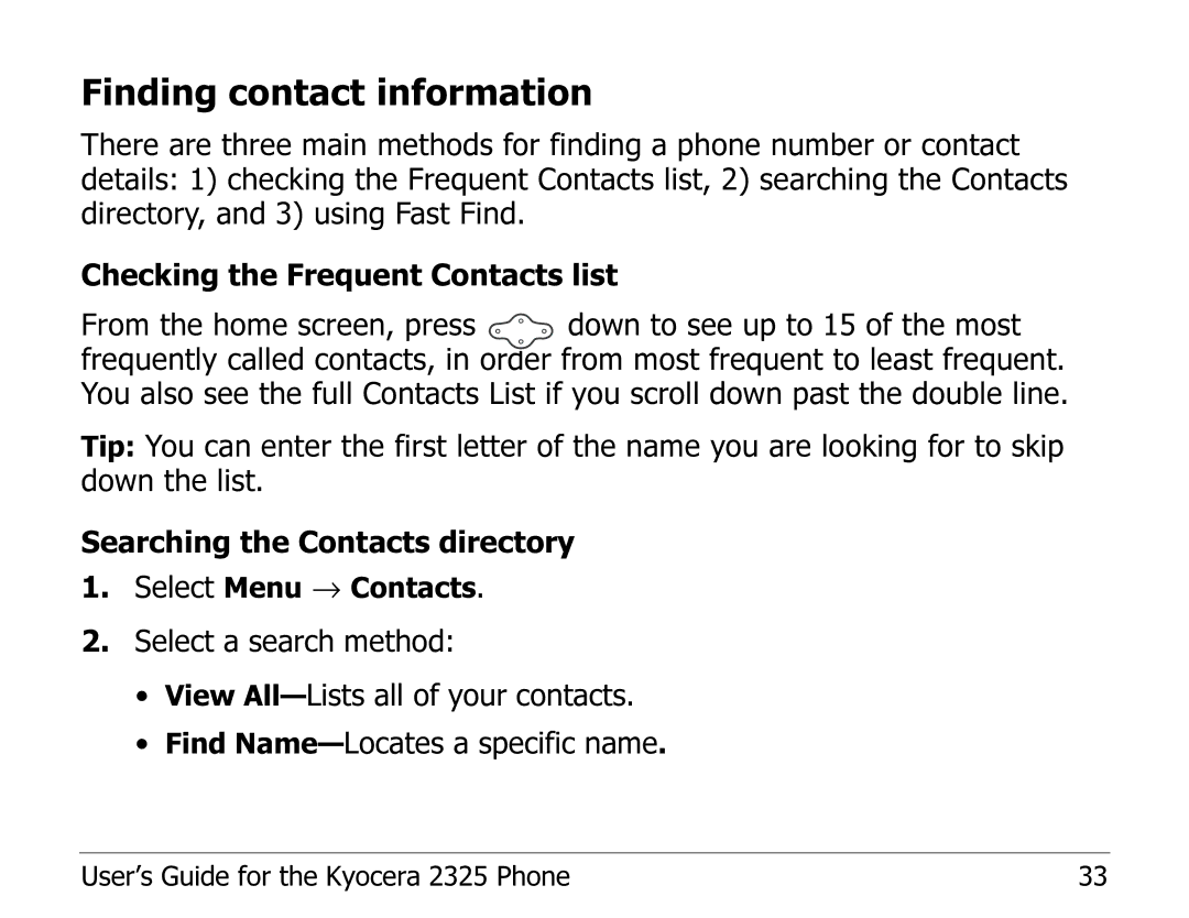 Kyocera 2325 manual Finding contact information 