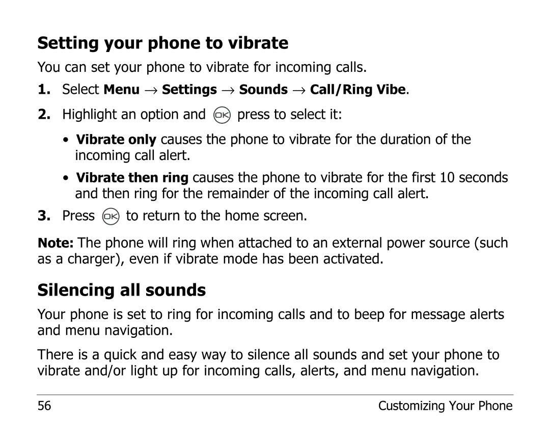 Kyocera 2325 manual Setting your phone to vibrate, Silencing all sounds 