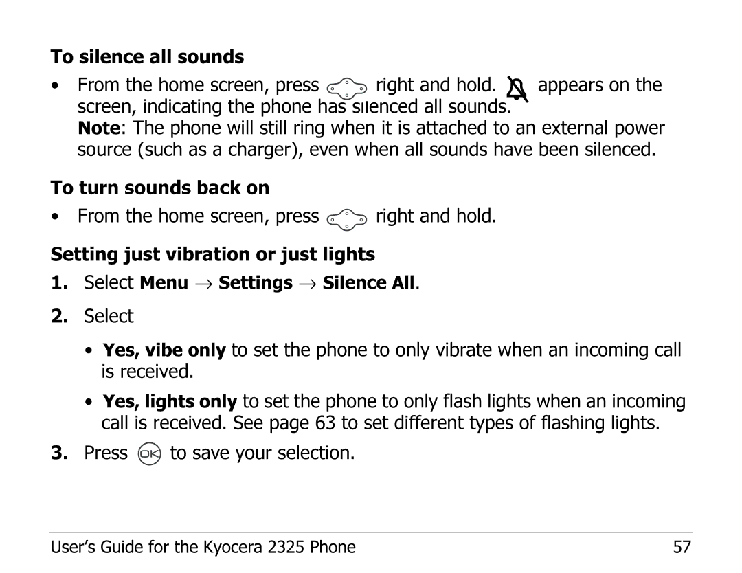 Kyocera 2325 manual Select Menu → Settings → Silence All 