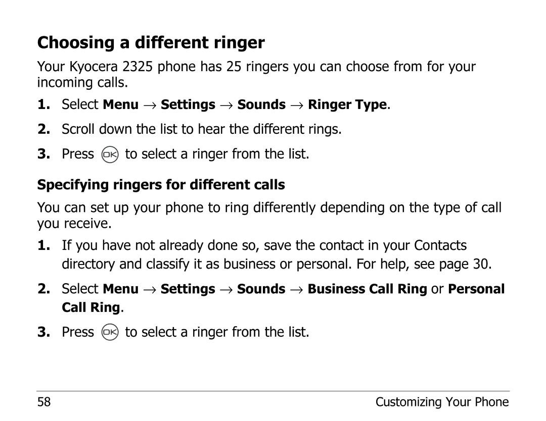 Kyocera 2325 manual Choosing a different ringer 