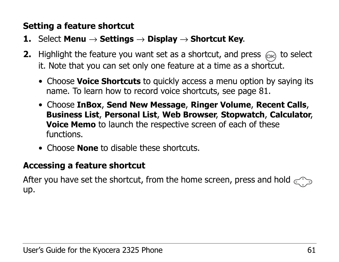 Kyocera 2325 manual Setting a feature shortcut 