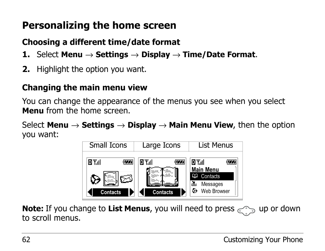 Kyocera 2325 manual Personalizing the home screen, → Settings → Display → Main Menu View, then the option 