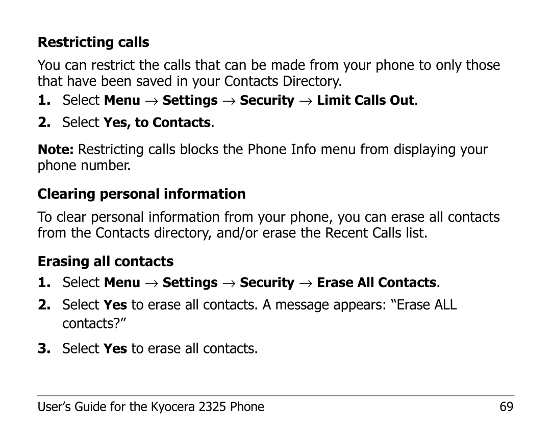 Kyocera 2325 manual Select Menu → Settings → Security → Erase All Contacts 