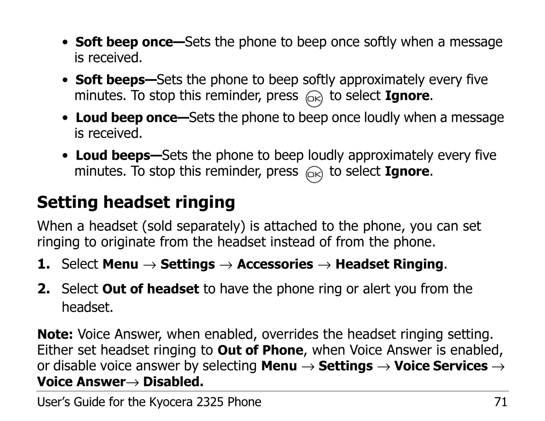 Kyocera 2325 manual Setting headset ringing 