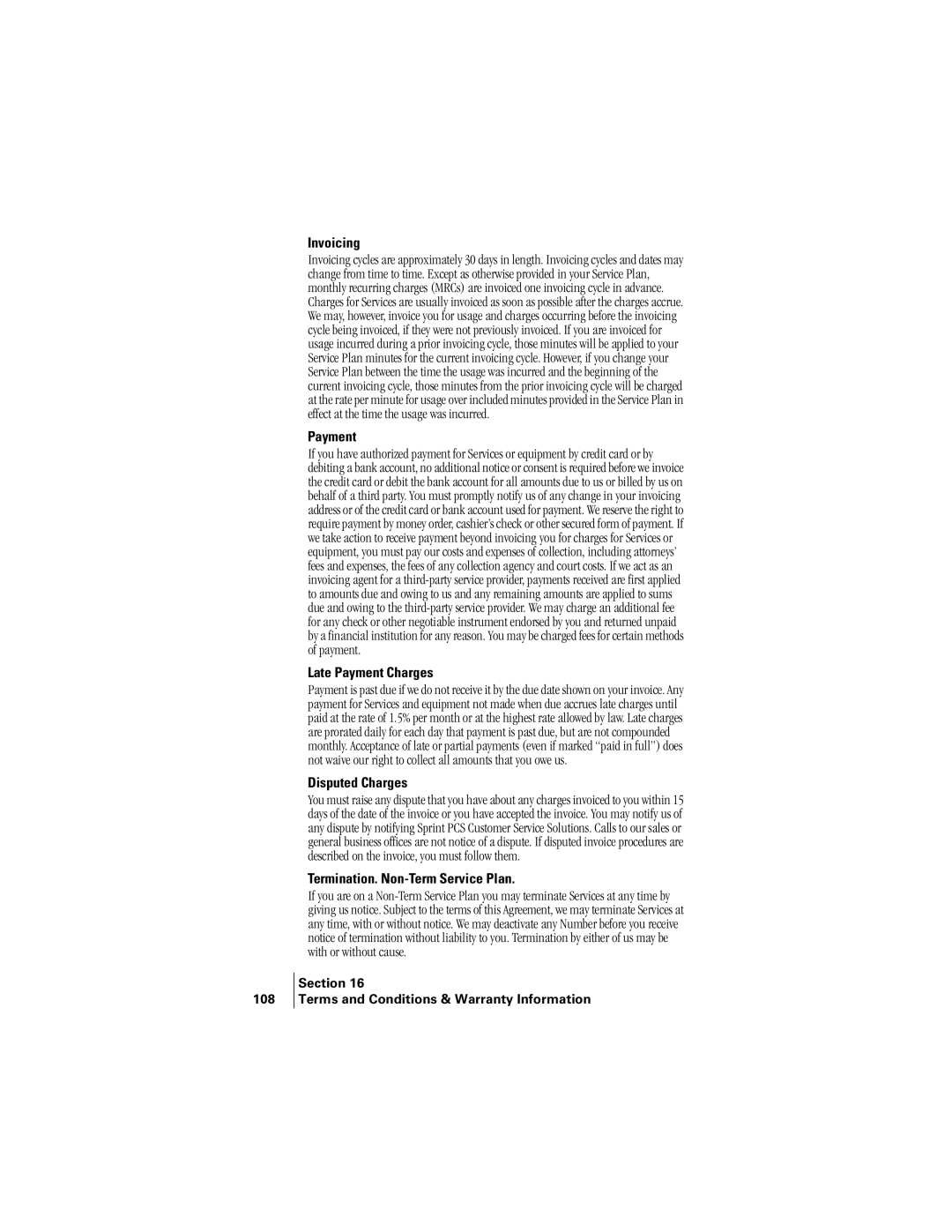 Kyocera 2345 manual Invoicing, Late Payment Charges, Disputed Charges, Termination. Non-Term Service Plan 