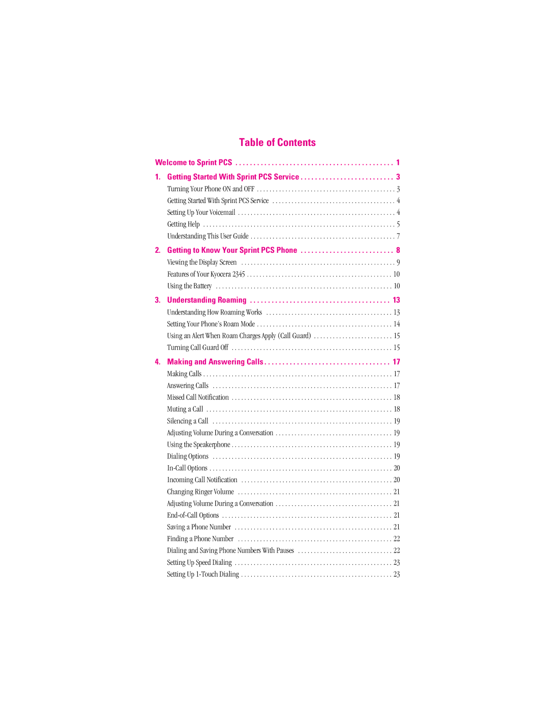 Kyocera 2345 manual Table of Contents 