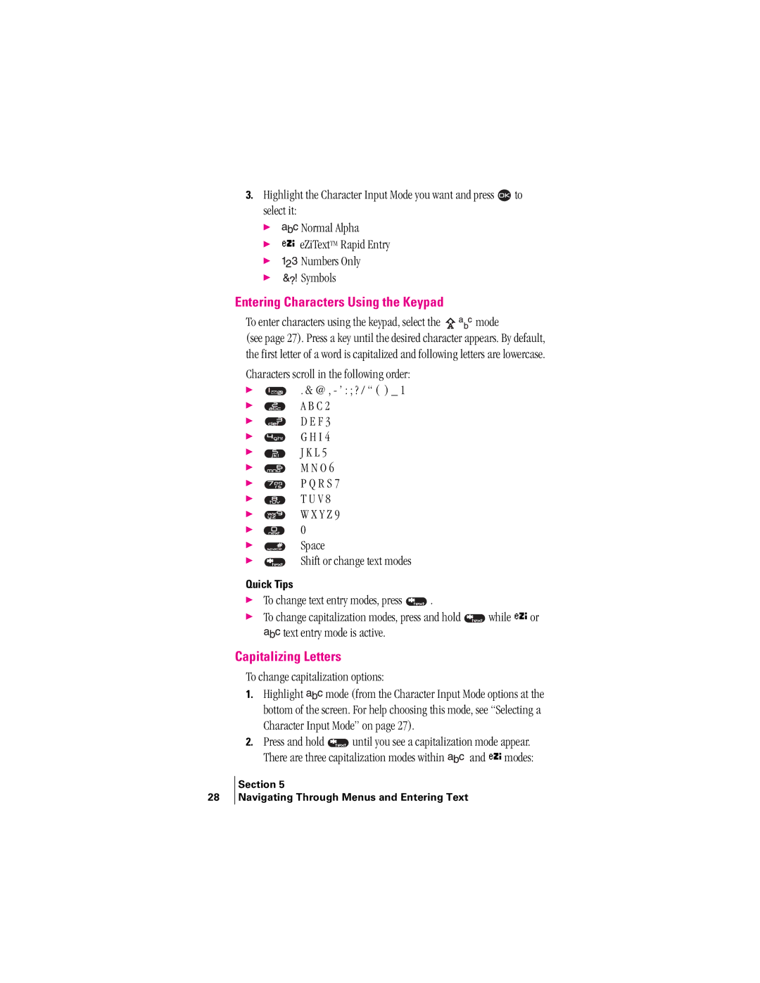 Kyocera 2345 manual Entering Characters Using the Keypad, Capitalizing Letters 