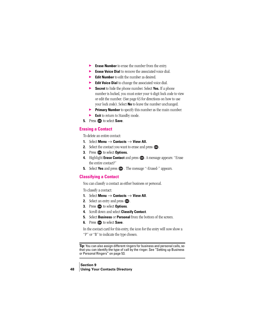 Kyocera 2345 manual Erasing a Contact, Classifying a Contact, To delete an entire contact 