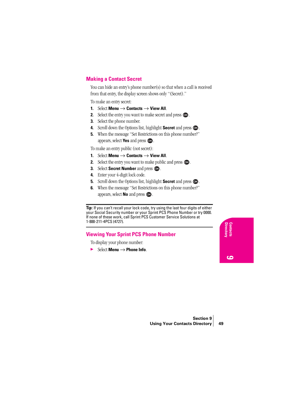 Kyocera 2345 manual Making a Contact Secret, Viewing Your Sprint PCS Phone Number, To make an entry secret 