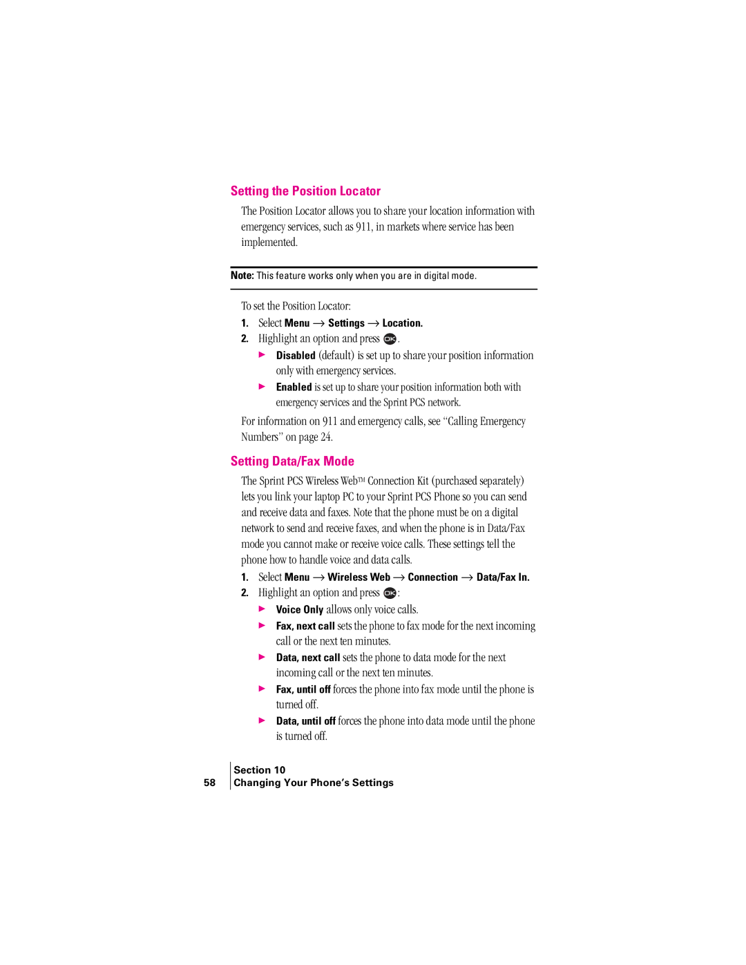 Kyocera 2345 manual Setting the Position Locator, Setting Data/Fax Mode, Select Menu → Settings → Location 