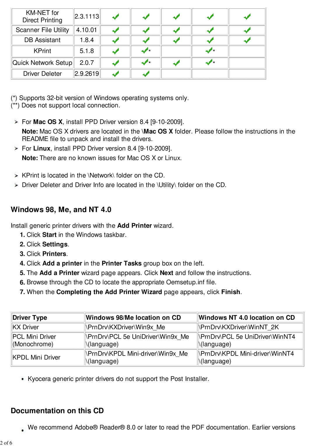 Kyocera 300I Windows 98, Me, and NT, Documentation on this CD, Click Settings Click Printers, Windows 98/Me location on CD 