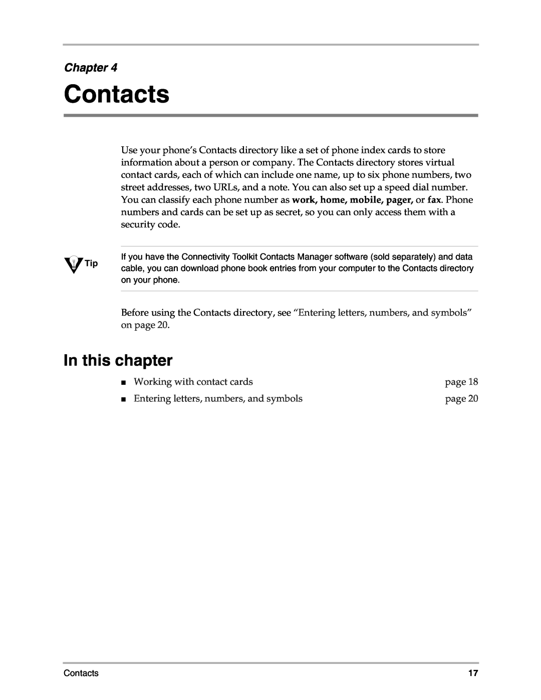 Kyocera 3035 Contacts, In this chapter, Chapter, Working with contact cards, page, Entering letters, numbers, and symbols 