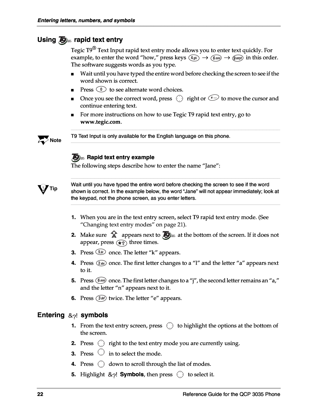 Kyocera 3035 manual Using rapid text entry, Entering symbols, Rapid text entry example 