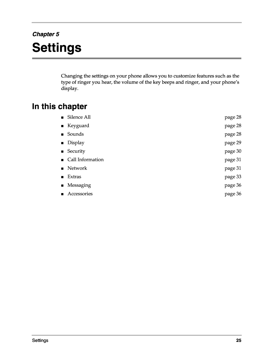 Kyocera 3035 Settings, In this chapter, Chapter, Silence All, page, Keyguard, Sounds, Display, Security, Call Information 