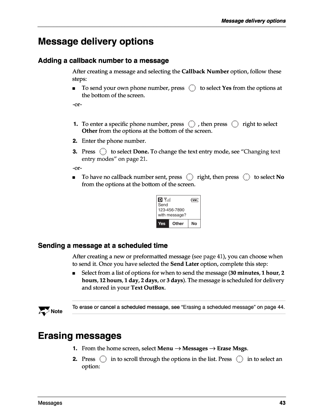 Kyocera 3035 manual Message delivery options, Erasing messages, Adding a callback number to a message 