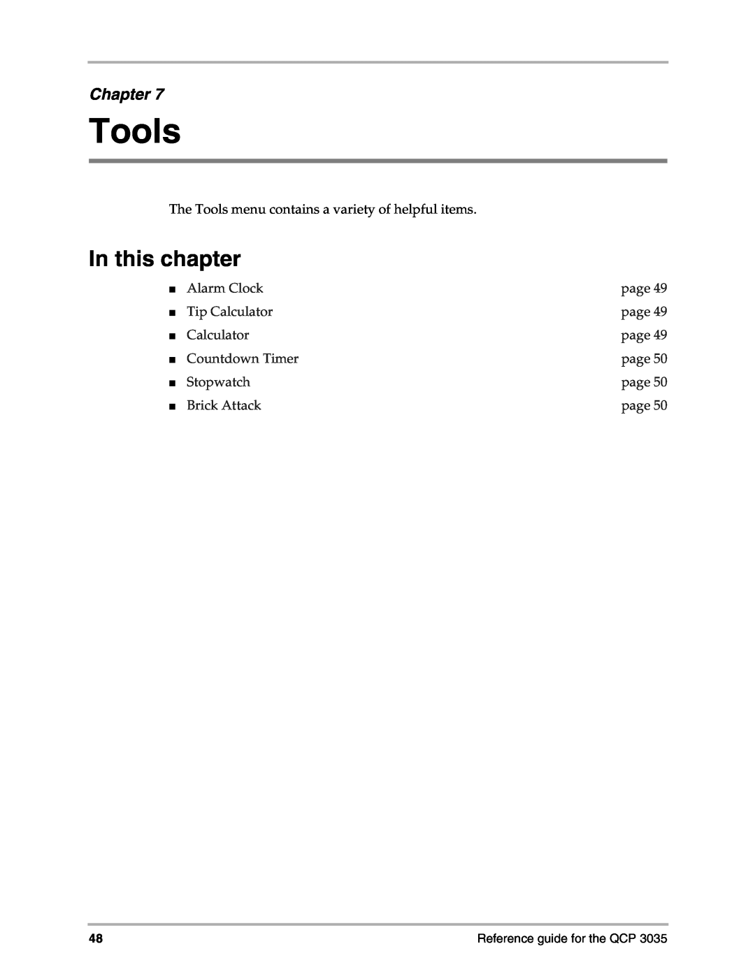 Kyocera 3035 Tools, In this chapter, Chapter, Alarm Clock, page, Tip Calculator, Countdown Timer, Stopwatch, Brick Attack 