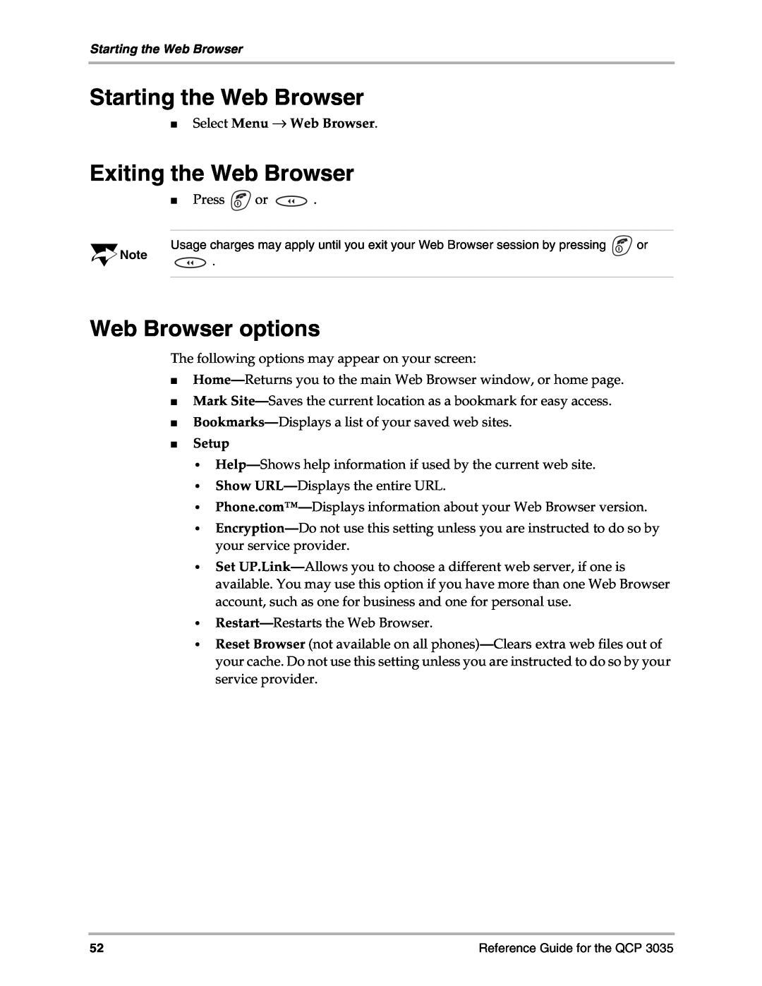Kyocera 3035 Starting the Web Browser, Exiting the Web Browser, Web Browser options, Select Menu → Web Browser, Setup 