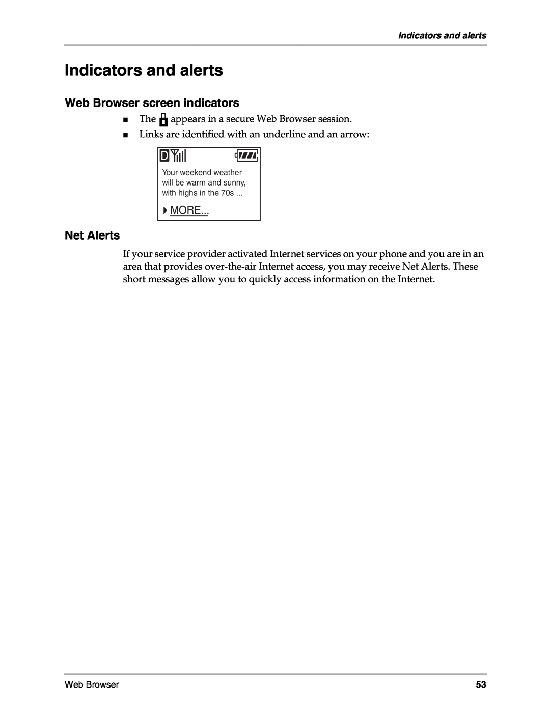 Kyocera 3035 manual Indicators and alerts, Web Browser screen indicators, Net Alerts 