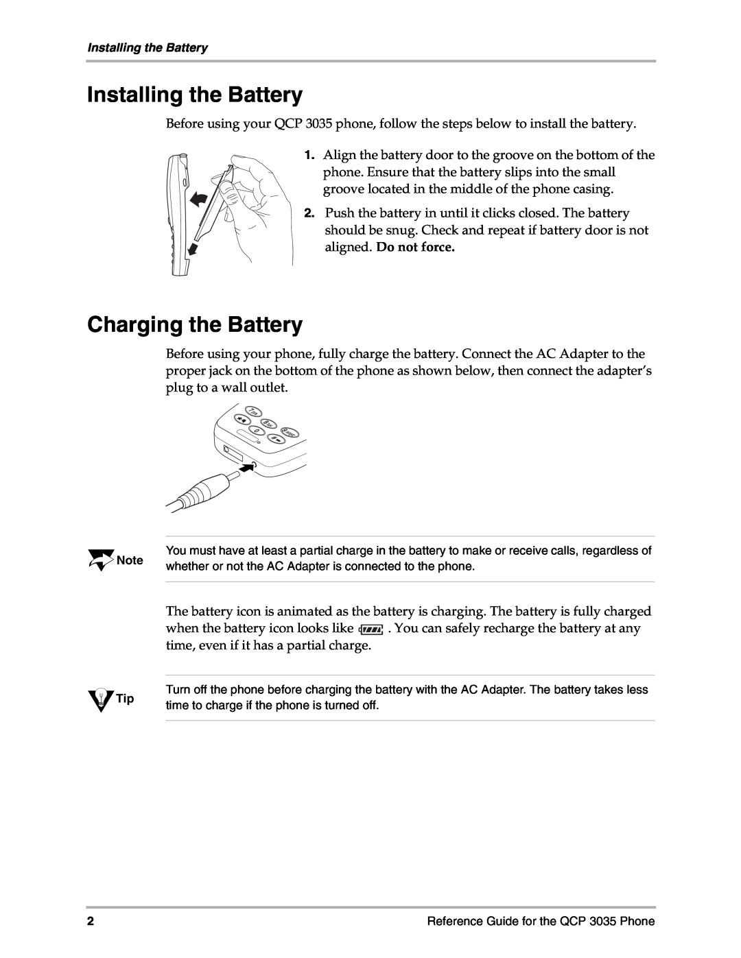 Kyocera 3035 manual Installing the Battery, Charging the Battery, aligned. Do not force 