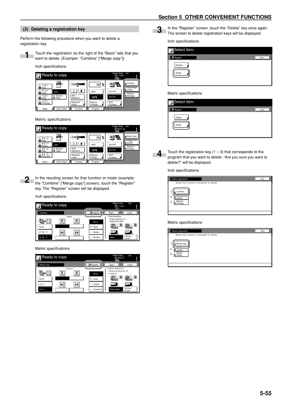 Kyocera 3035 manual Deleting a registration key, Delete? will be displayed. Inch specifications, Delete registration End 